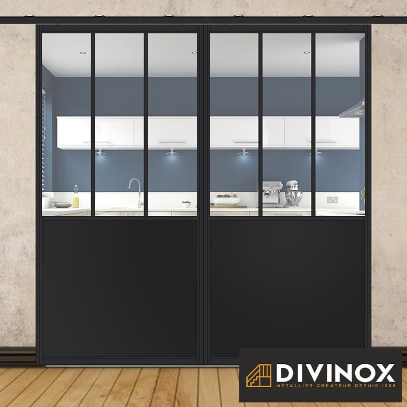 Double porte coulissante H 2088 x L 1067 mm - 3 sections verticales + soubassement tôle plane