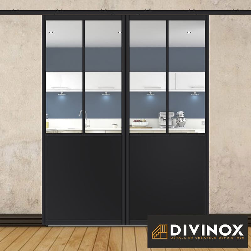 Double porte coulissante H 2088 x L 867 mm - 2 sections verticales + soubassement tôle plane