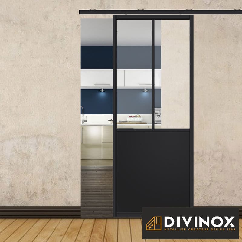 Porte coulissante H 2088 x L 867 mm - 2 sections verticales + soubassement tôle plane