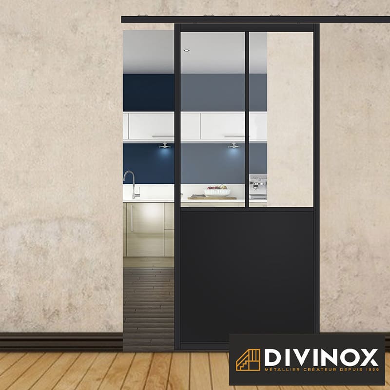 Porte coulissante H 2088 x L 967 mm - 2 sections verticales + soubassement tôle plane