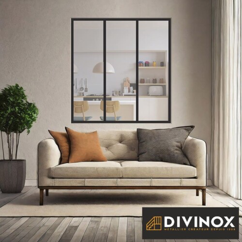 Verrière RAL 9005 laqué noir granité 3 grands carreaux verre clair